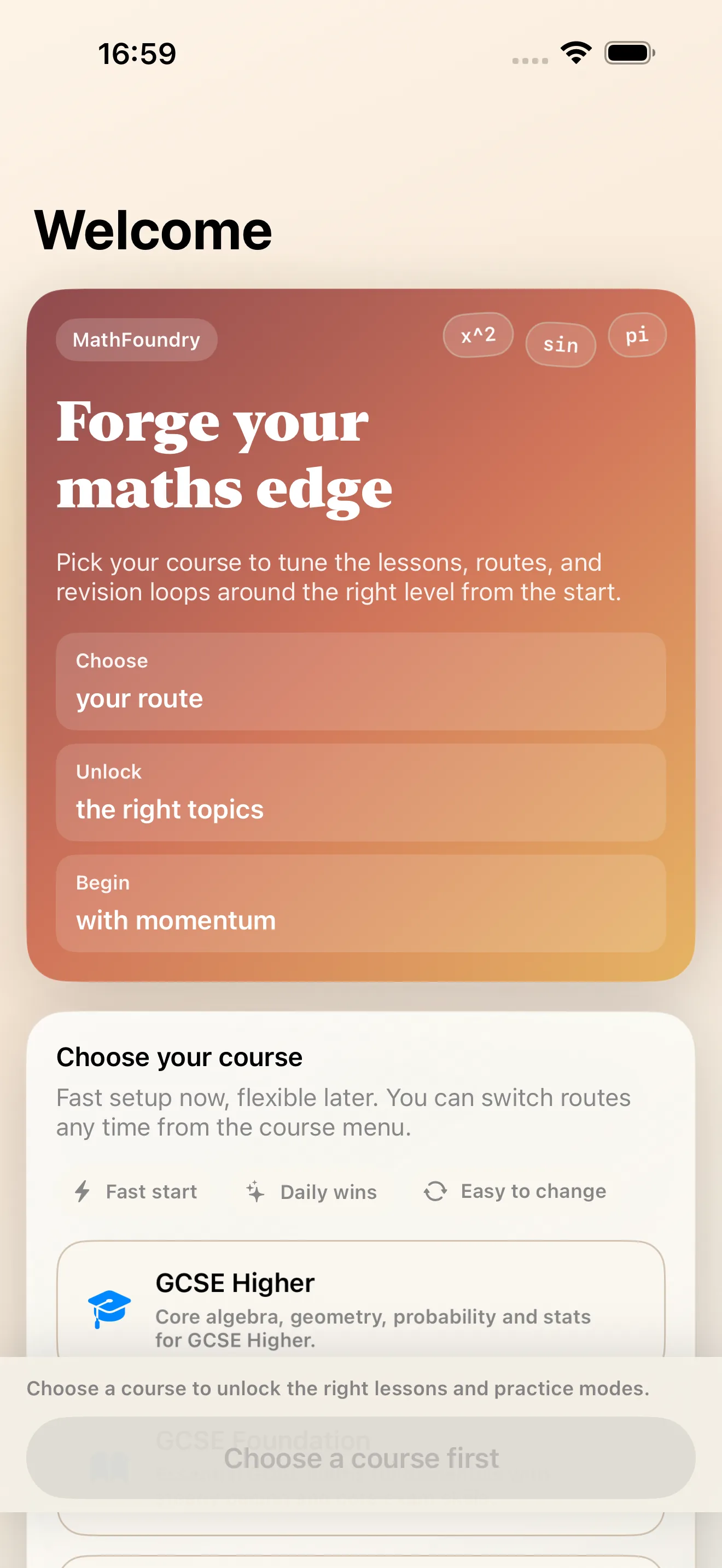 Course picker onboarding screen for choosing a maths route