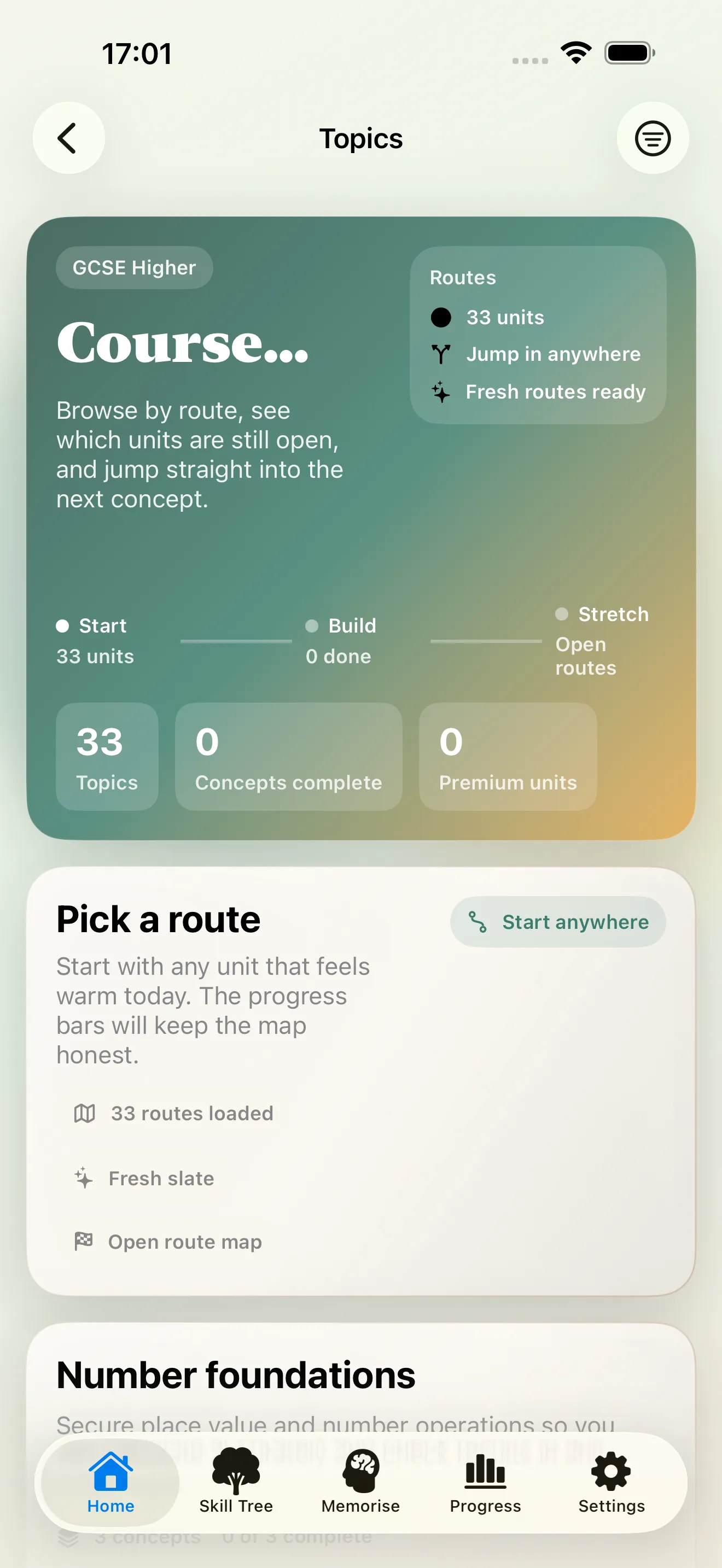 Topics browser showing the course map and skill-tree entry points