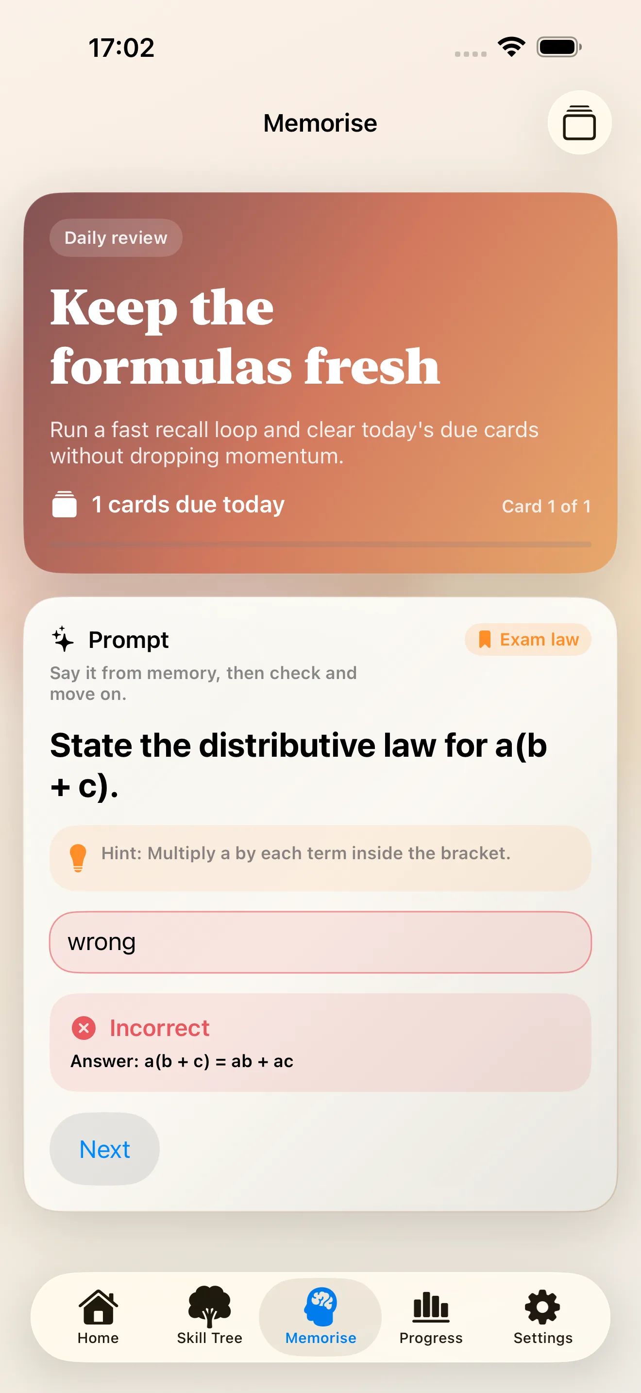 Memorise feedback screen showing active-recall revision results