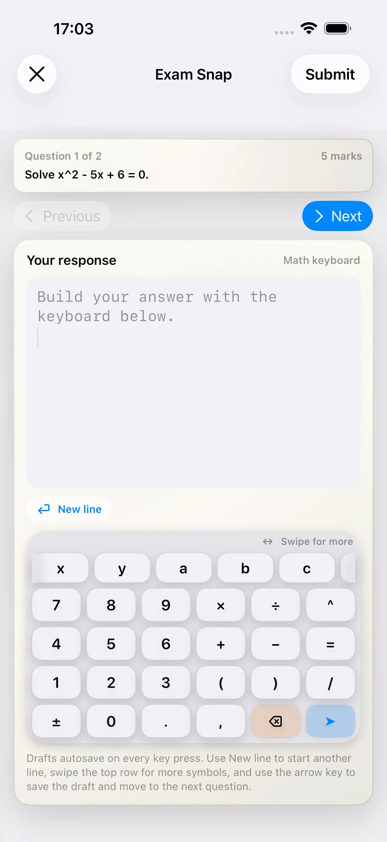 Exam Snap timed paper interface