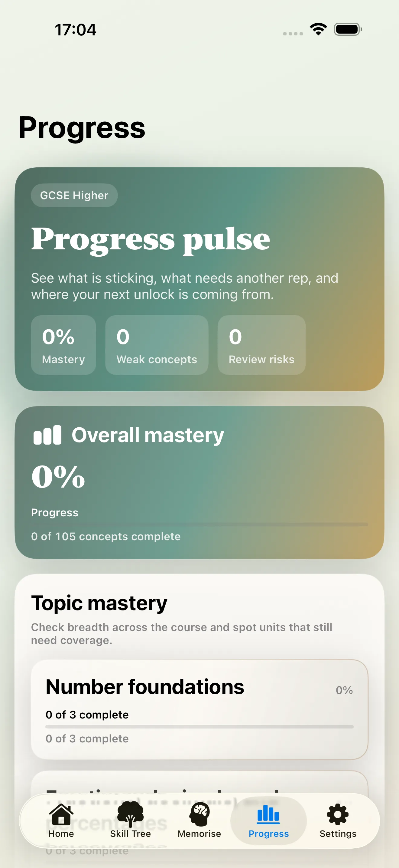 Progress overview with topic mastery, streaks, and course statistics